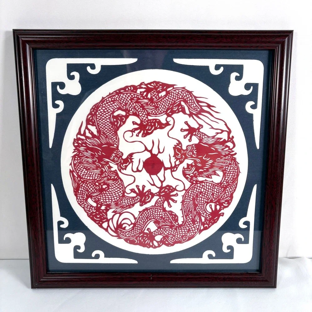 Handmade Chinese Paper Cut Art Red Dragon Framed Wall Decor 13x13